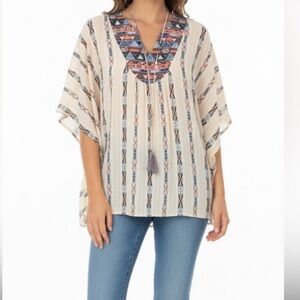 EUC Umgee Small Medium Tunic Poncho Top Cream Aztec Blue Pink Print Boho Relaxed